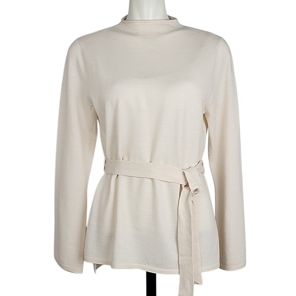 NWT Nicole Miller New York Women's Cream Extra Fine Merino Wool Belted Sweater L